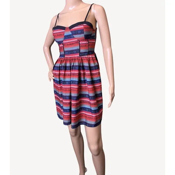 Band Of Gypsies Striped Corset Bustier Mini Dress Smocking Red Blue Size Small - Picture 2 of 13